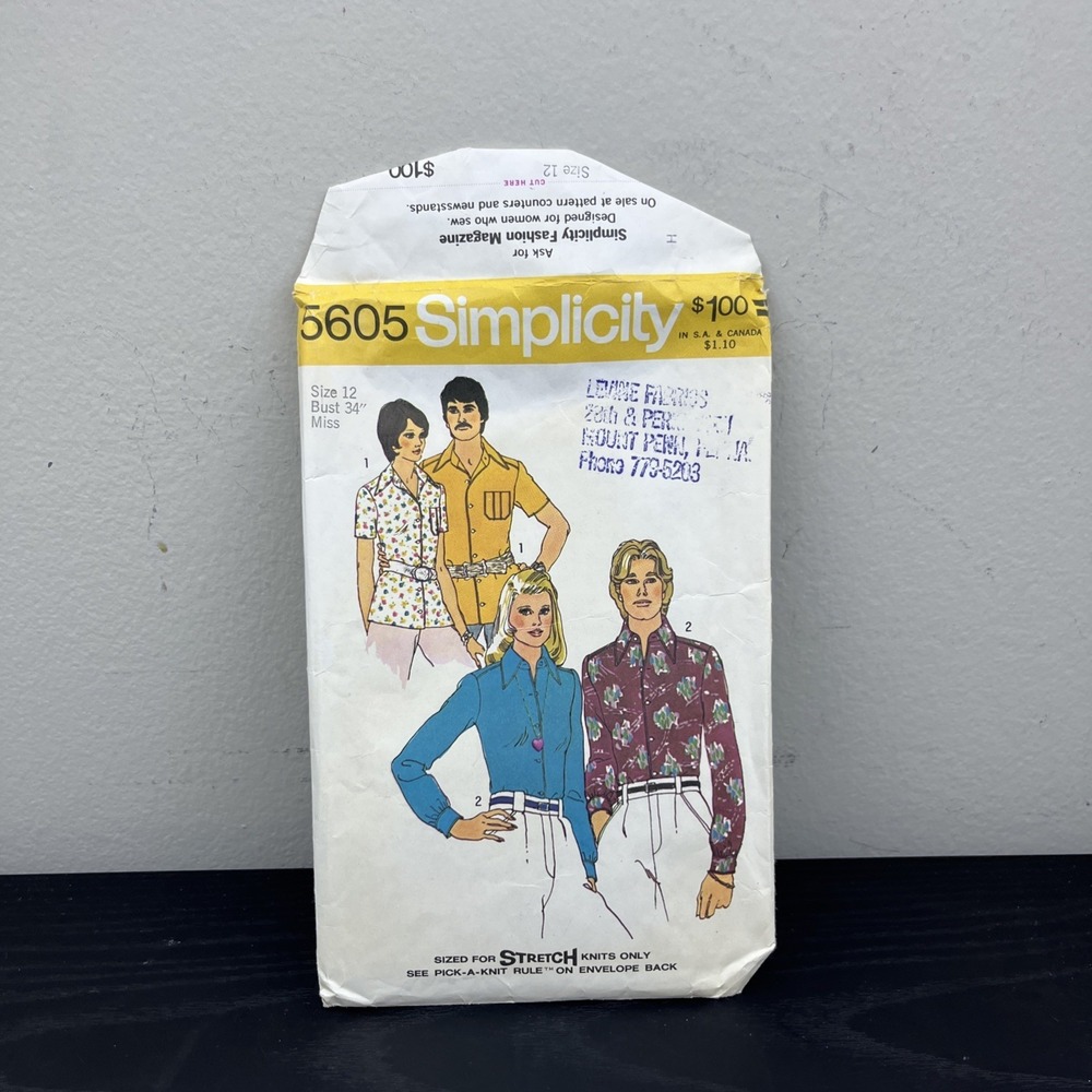 Vintage 1973 Simplicity 5605 Stretch Knit Shirt Sewing Pattern Size 12 CUT
